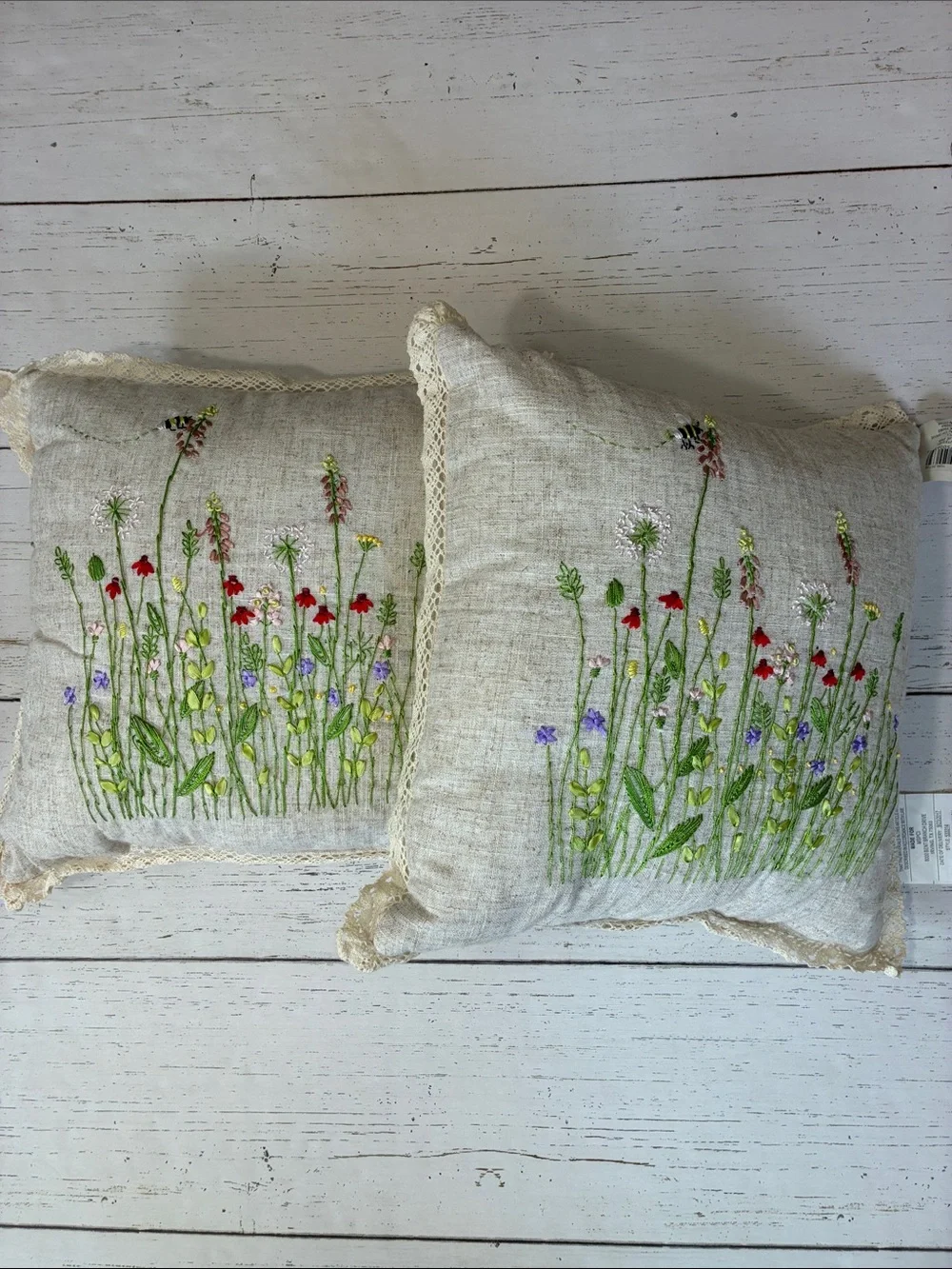 Set of 2 Ashland Embroidered Wildflower Floral Pillows with Crochet Trim, NWT